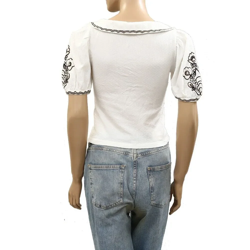 By Anthropologie Embroidered Button-Front Collared Blouse Top White XXS 286640
